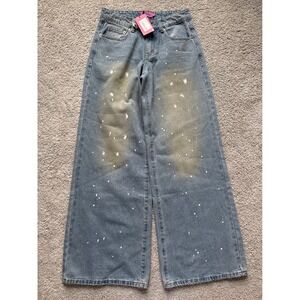 Edikted Light Blue Paint Splatter Wide Leg Baggy Jeans XS NWT Y2K Distressed